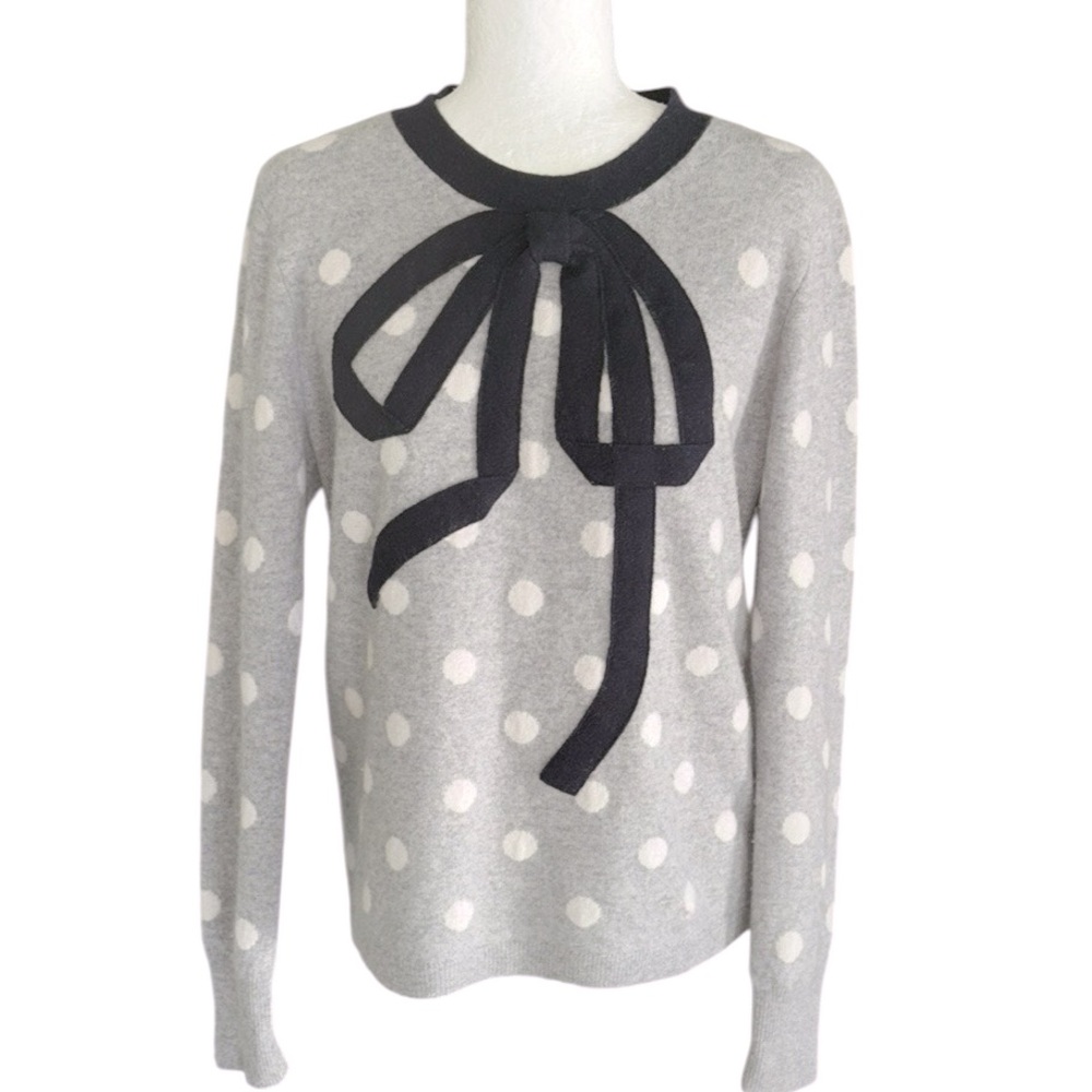 J. Crew Heather Gray Cashmere Navy Bow Detail Polka Dot Crewneck Sweater - M - Picture 4 of 14
